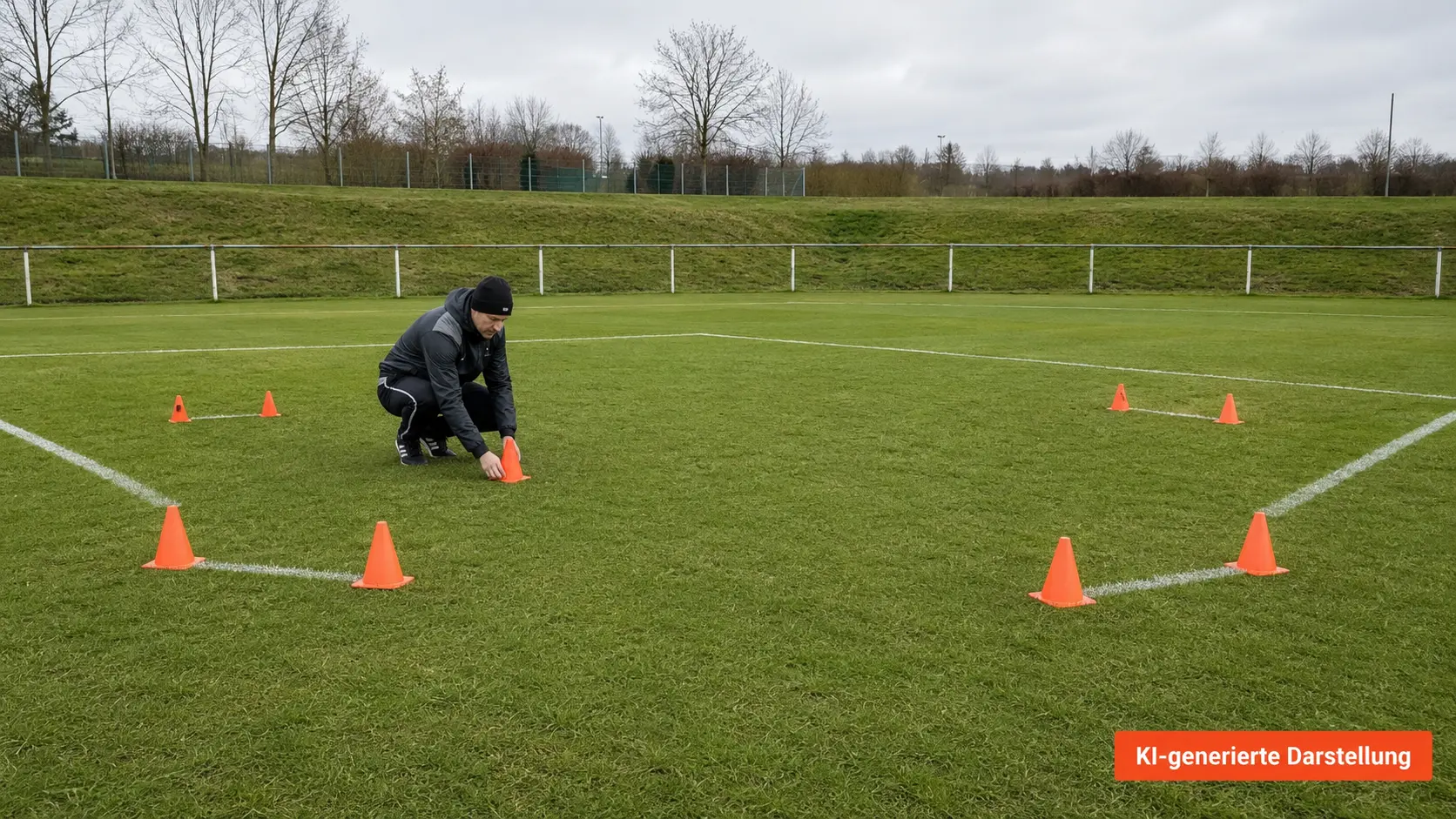 Trainer baut mit Hütchen mehrere Richtungsziele auf, weil keine Fußballtore verfügbar sind