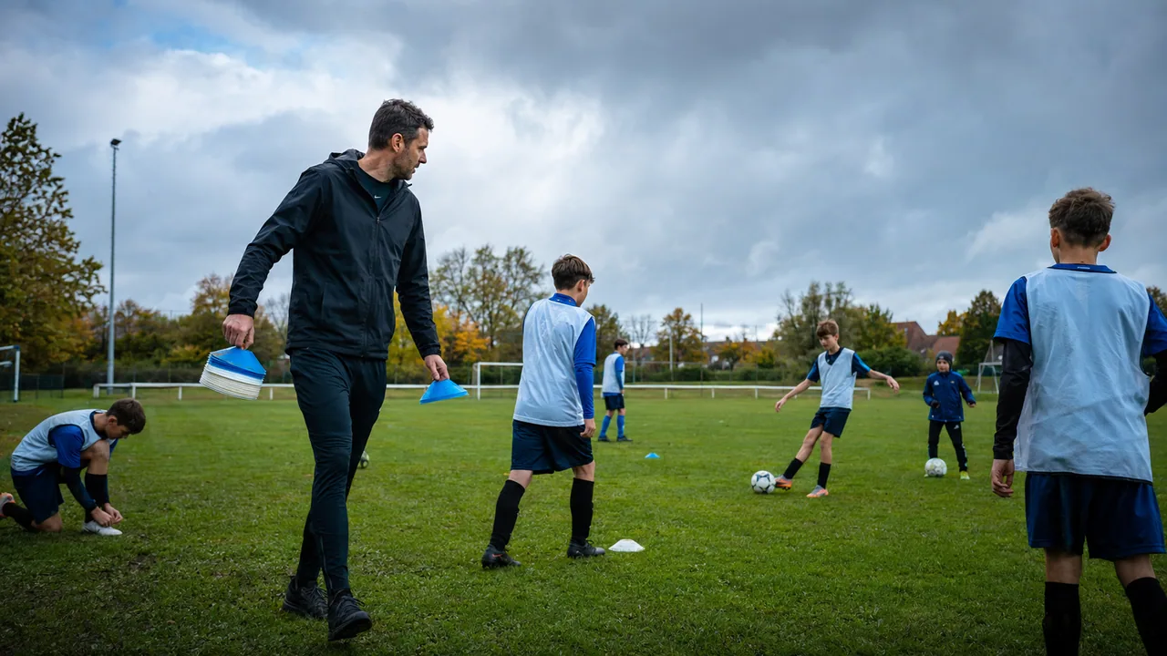 Trainer bereitet ein Jugendtraining mit Hütchen vor
